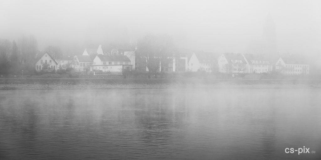 Rhein im Nebel, kontrastarm, mit langweiligem Vordergrund